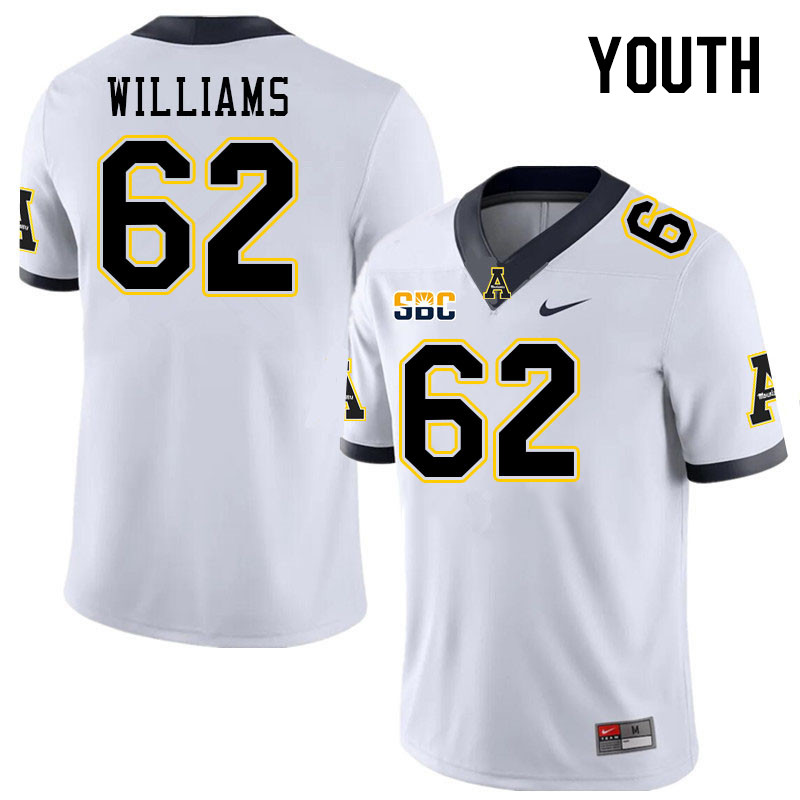 Youth #62 Bucky Williams Appalachian State Mountaineers College Football Jerseys Stitched Sale-White - Click Image to Close